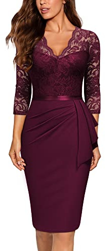 MIUSOL Women's Vintage Lace V-Neck 3/4 Sleeves Cocktail Party Formal Wedding Guest Work Bodycon Dress (Medium, Wine)