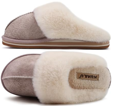 KuaiLu Womens Fluff Plush Slippers Ladies Cosy Memory Foam Warm Winter Mule Slippers Slip on Comfy Arch Support House Shoes with Non-Slip Indoor Outdoor Hard Sole Beige Size 7