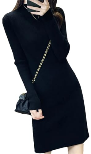 Rfmfkkg Abito lungo da donna a collo alto, lavorato a maglia, in lana, Nero , S