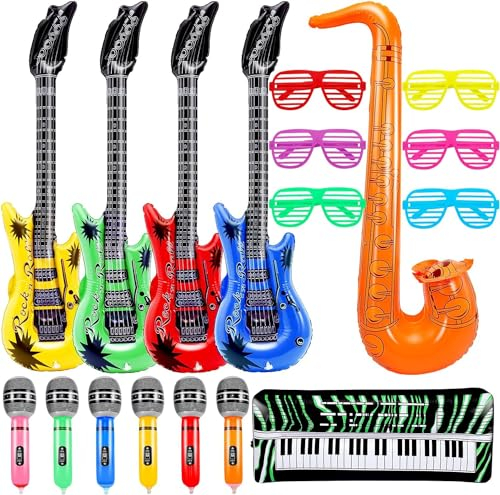 Loppdece 18 Stück Aufblasbare Instrumente, Aufblasbare Party Props, Buntes Luftgitarren zum Aufblasen Mikrofone Saxophon Shutter Shading gläser, Aufblasbare Rock Star Toy Set für Party Rock Party Deko