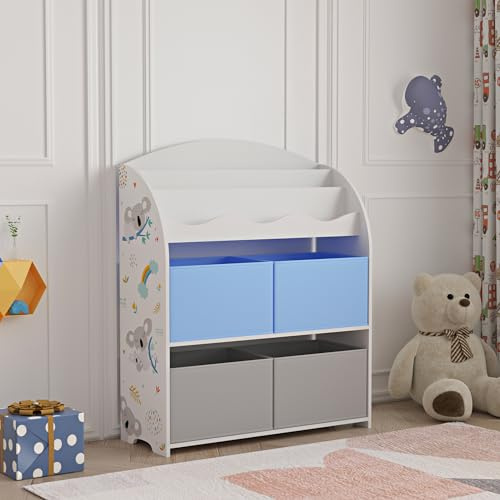 [en.casa] Scaffale per Cameretta con Contenitori a Scaletta Libreria 4 Scatole Pieghevoli Porta Giochi Mobile a Misura di Bimbi 97,5 x 82,5 x 29,5 cm Motivo Koala - Grigio/Blu