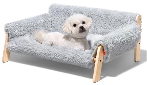 MEWOOFUN Lit surélevé en Bois pour Chat - Grand canapé pour Chat Robuste Chaise Tendance avec Housse de Matelas Amovible, Charge maximale 10 kg (Gris, L)