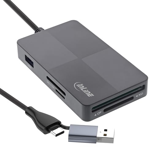 InLine Lector de Tarjetas USB 3.2 para SD/TF/MS/XD/CF, 3 Puertos USB-A, 5 GB/s, Puerto USB C/A, función OTG, Compatible con Android, Windows, Mac OS/Linux, 66772F
