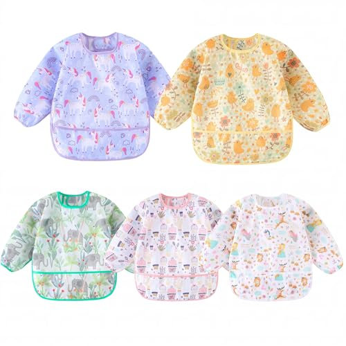 Yunguui 5 Stück Lätzchen Baby mit Ärmel,Wasserdicht Abwaschbar Ganzkörper Lätzchen Ärmellätzchen Baby Lätzchen für 5-30 Monaten