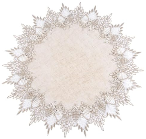 URROMA Tovaglietta Rotonda in Lino, 50 x 50 cm, Beige con Bordo in Pizzo, Decorazione per Tavolo da Salotto o Cucina (50 x 50 cm)