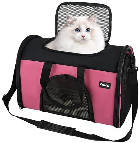 Zavothy Sac Transport Chat Chien, Sac Transport Respirant et Pliable, Caisse de Transport Chat avec Bandoulière Réglable, Matelas en Peluche Amovible, S, Rose