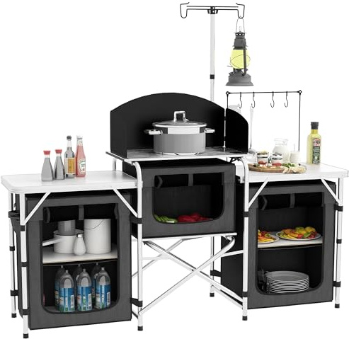 Outsunny Cucina da Campeggio Pieghevole, Mobile da Campeggio a 3 Piani con 5 Ripiani Interni, 4 Ganci e Borsa da Trasporto, in Alluminio, MDF e Tessuto Oxford, UV50+, 172x48x130 cm, Nero