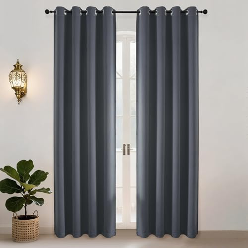 Simplebrand Ava Grey Blackout Eyelet Curtains for Living Room 229 cm Length 2 Panels Set, Solid Thermal Insulated Privacy Bedroom Window Door Curtains & Drapes Thermal Blackout, W 140 cm x L 229 cm