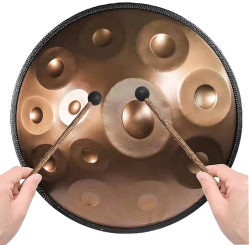 Handpan Avancé pour Adultes 9/10/12 Notes, Handpan Drum 432Hz/440Hz en Ré Mineur, Instrument de Musique en Acier avec Mailloches(Gold,432HZ/12Note)