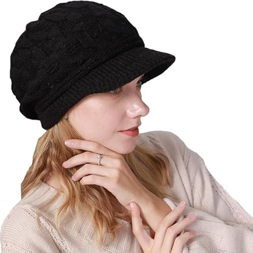 AYPOW Bonnet Hiver pour Femme, Doublé en Polaire avec Bord, Tricoté Chaud Protection des Oreilles Chapeau d'hiver à visière, Béret Chapeaux Thermique, Casquette Hiver Quotidien pour Femme, Beanie Caps