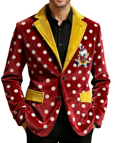 Generico Velluto a coste Giacca da Uomo costume carnevale Stampa del pagliaccio Giacca formale elegante in velluto a coste con stampa di paillettes (Red, L)