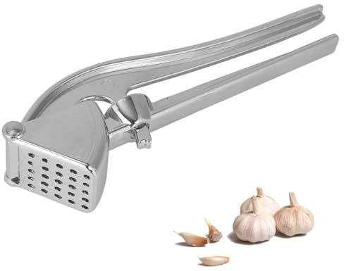 Professional Garlic Press, Aluminum Alloy Heavy-Duty Garlic Mincer Crusher, Easy Squeeze Masher Rocker Tool with Ergonomic Handle, Dishwasher Safe Kitchen Gadget Essential (Silver)