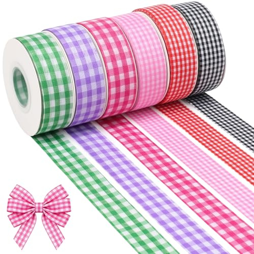 COEWUR 6 rotoli di Nastro a quadretti Gingham nastro da regalo 2 cm x 20 m, 6 Colori, Bordo Decorativo per la creazione di biglietti nastro a quadri per decorazioni, fiocchi, feste e Matrimoni