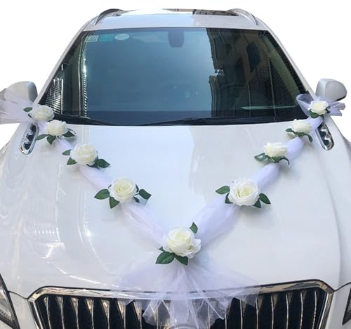 JurciCat Set de decoracion coche boda 9 rosas con ventosas 2 cintas de organza blancas Para decorar coches de boda y vehículos para fiestas