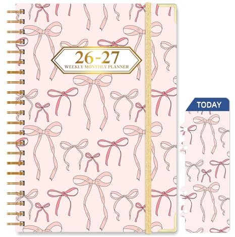 Knagsfa 2026-2027 Planner, Jul.2026-Jun.2027 Planner Weekly and Monthly 6.25x8.5 with Page Tabs, Calendar Hardcover with Inner Pocket, Elastic Band, Twin-Wire Binding, Bookmark, Pink Bows