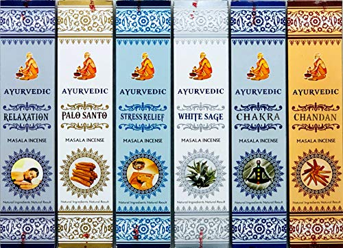 Set di 6 incenso ayurvedico Masala profumati: Palo Santo, Salvia Bianco, Chandan (Sandalwood), sollievo dallo stress, rilassamento, Chakra, incenso naturale, 15 bastoncini per confezione