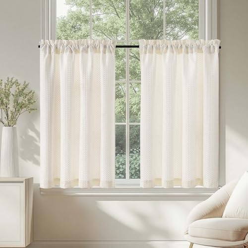 TOPICK Tende Passante tenda da bistrot Filtro della luce porta finestra balcone stile country roulotte corte rustiche soggiorno doccia tenda per interni 2 pezzi 90L x 90A cm, Biege