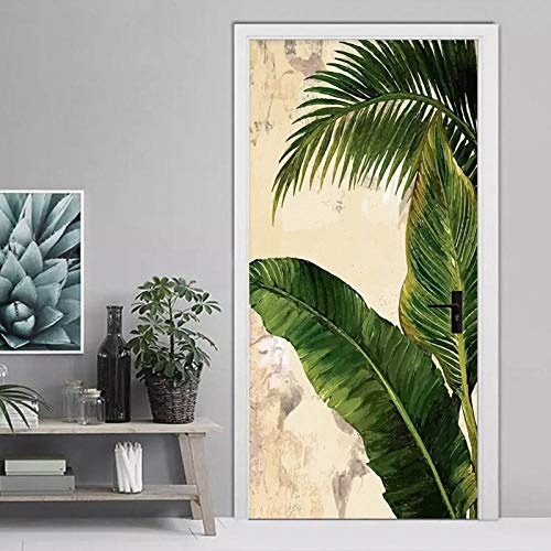 CBWRAW 3D Puerta Papel Pintado Hoja De Plátano Verde Tropical Para Sala De Estar Pegatina Paredes Impermeable Autoadhesivo Extraíble Vinilo Mural Póster Adhesivo De Pared Decoración Del Hogar 77X200cm