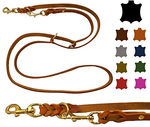 Hundeleine Fettleder Messing kleine Hunde/große Hunde 2m / 2,40m / 2,80m / 3,50m / 5m Doppelleine verstellbar (2m X 15mm, Cognac)