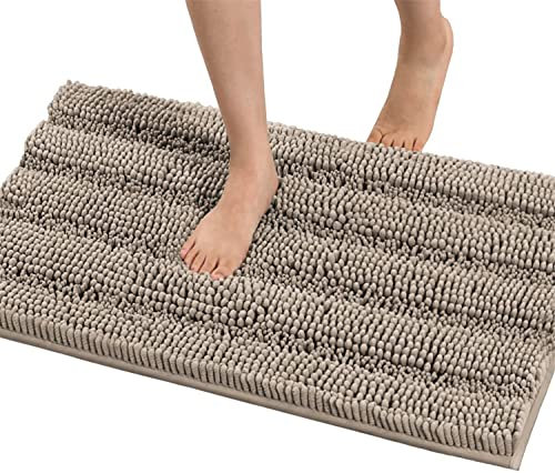 LINFKY Badematte rutschfest Luxus Chenille Gestreifte Badezimmerteppich Extra weiche und saugfähige Mikrofaser Hochflor Teppiche Schnelltrocknende Badvorleger Waschbar (Taupe,50 x 80 cm)