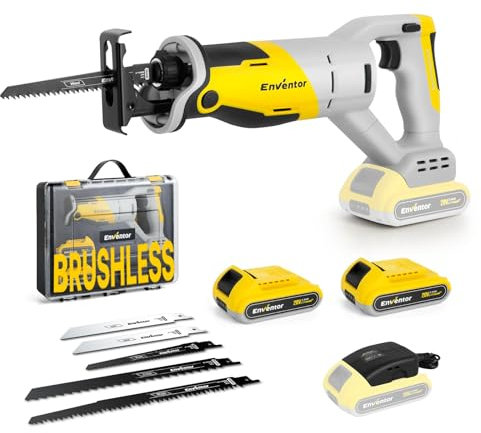Enventor 20V Brushless Cordless Reciprocating Saw, 2x2.0Ah Battery, 0-3000RPM Variable Speed Electric Saw, 5 Blades, 22mm Stroke Length, Ideal for Wood and Metal Cutting