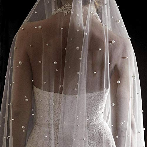 CHEFRU 75-300cm Perlas Blanco Marfil Velo de Novia Largo con Peine - Velo de Novia de Catedral de una Capa con Perlas Velos de Noiva Cuentas de Cristal