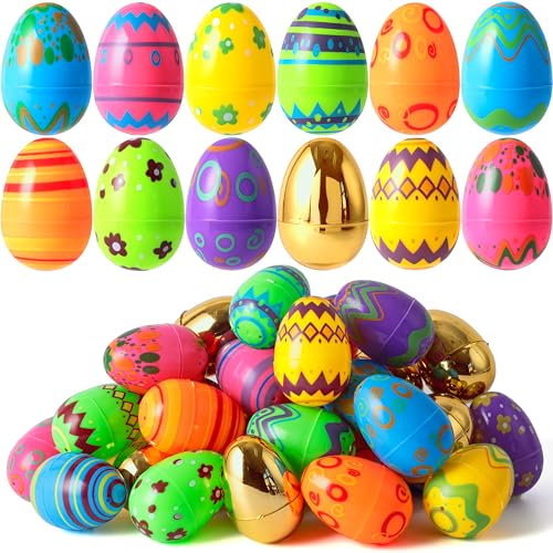 JOYIN 44 huevos impresos incluyen 8 huevos dorados, huevos de Pascua de plástico coloridos de 3.15 pulgadas, huevos vacíos rellenables para la búsqueda de huevos de Pascua, relleno de cesta, regalo de