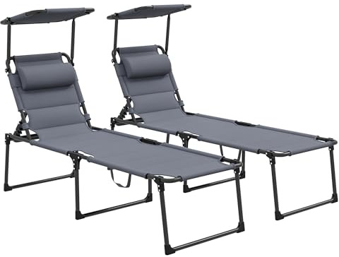 Outsunny Set 2 Lettini Prendisole con Schienale Reclinabile in 4 Posizioni e Poggiatesta, Lettini da Giardino Pieghevoli in Metallo e Poliestere, 70x201.5x45 cm, Nero e Grigio