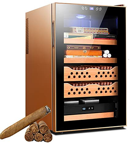 JMbpkduHs Electric Cigar Cabinet-50l Electronic Cooler Humidor-Spanish Cedar Wood-Controlled Humidity Cigar and Wine Cabinet-Holds 400 Cigars-Commercial/Household,Gold