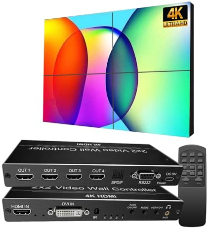 Video Wall Controller, HDMI & DVI 4k Input Makes 4 TV Screens Into 1 Wall Display, 180° Rotate, Extra Audio, IR Remote &RS232+Bouton Press Control, Video Wall Controller 2 x 2 4 K 1 x 2,1 x 3,1 x 4,2