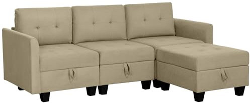HOMCOM Convertible Modular Sectional Sofa with Storage, Tufted 3 Seater Sofa Set, L Shaped Couch with Ottoman, Wood Frame for Living Room, Light Brown