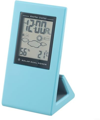 Horloge solaire de température et d'humidité - Horloge météo à énergie solaire avec coque en plastique - Grand écran - Pour extérieur, jardin - Bleu