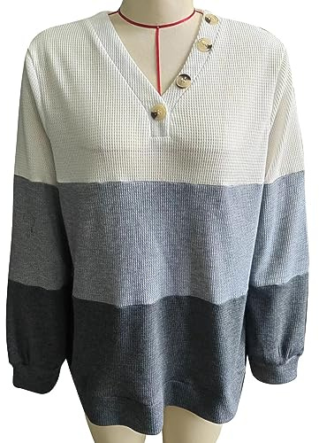 KIMISS V Neckline Button Top - Color Block Splicing Casual Blouse for Women, Fitted & Fashionable V Neck Button Stitching Blouse (M)