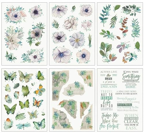 6 Fogli Adesivi da Strofinare Fiori Piante Trasferimento,Rub On Adesivi Floreali Naturali per Vetro,Legno,Ceramica,Carta,Decorazione Scrapbooking,Mobili,Tazze,Album Fotografici