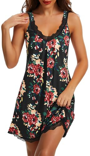 Lovasy Nighties for Women Lace Ladies Nightdresses Nightshirts V Neck Chemise Night Dress,Fp Brown Black,XXL