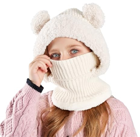 Koerye Bambini Cappello Invernali 3 in 1 Calda Carina Berretti in Lana a Maglia Passamontagna Cappello Sciarpa con Cappuccio per Alpinismo Sci Bianco