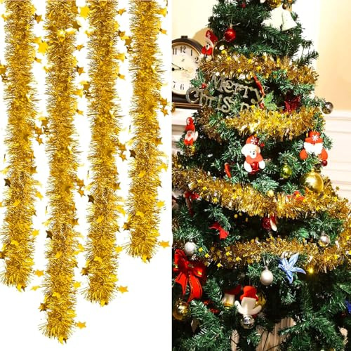 Guirnalda Metálica Brillante, 8PCS x 2M Guirnalda de Oropel de Navidad, Espumillon Arbol Navidad Guir-nalda, Espumillón Navi-Dad Decoracion Adornos (Oro)