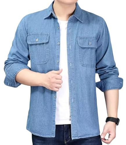 Camicie da uomo in denim con risvolto sciolto in cotone da lavoro vestibilità regolare camicia con tasche in jeans a maniche lunghe in denim leggero, Azzurro, XL