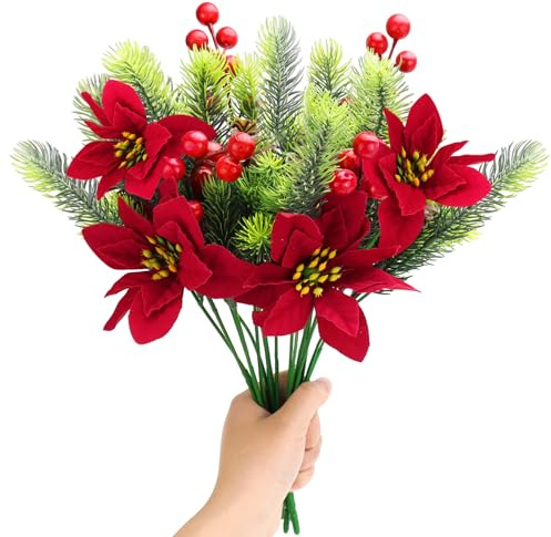 BINYI Rami di abete artificiali, frutti di bosco rossi, 4 pezzi, fiori artificiali, decorazione natalizia