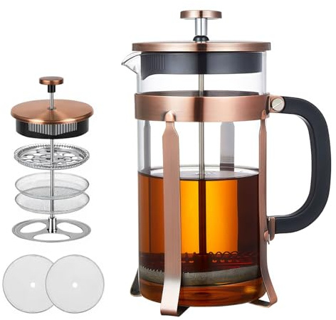OuryTech French Press 1 liter, kaffebryggare med 304 rostfritt stål, 4 filter, borosilikatglas kaffekanna, värmebeständig, 100 % BPA-fri, kopparfinish för te och kaffe