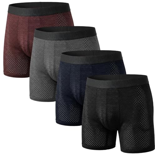 Hellomamma Calzoncillos Hombre Boxer Largos: Ropa Interior de Seda Fría de Malla Transpirable - Antirozaduras sin Etiquetas para Hombres para Deporte Gym y Ciclismo Talla S-XL Pack de 4