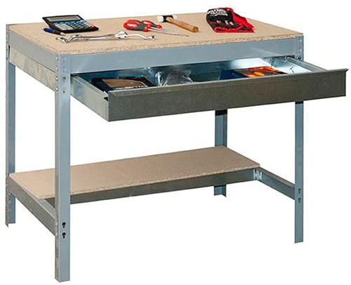 Simon Rack Mesa de Trabajo Taller, 600 kg Capacidad Carga, 842x1510x760 mm, 1 Cajón, Gris/Madera - BT0