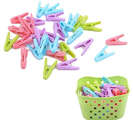 FABSELLER Lot de 30 pinces à linge coupe-vent avec panier à linge, pinces à linge, pinces à linge en plastique, vert