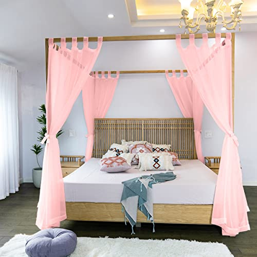 Linentalks Sheer Bed Curtains for King, Queen, Full & Twin Beds - 4 Corner Canopies & Drapes, Four Poster Bed Curtains - Pink