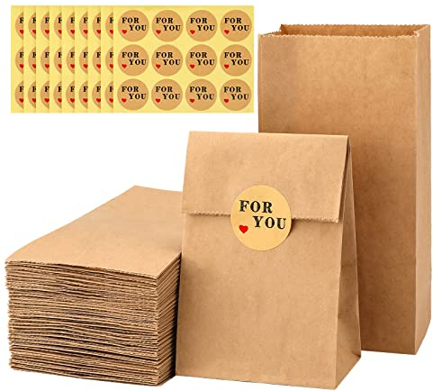 G2PLUS 50PCS Bolsas Papel Kraft,Bolsas Papel Pequeñas,Bolsitas Regalo | 9x5.5x18cm Bolsitas Alimentos de Fondo Plano+60PCS For you Etiquetas Adhesivas para Sándwiches,Navidad,Cumpleaños,Bodas