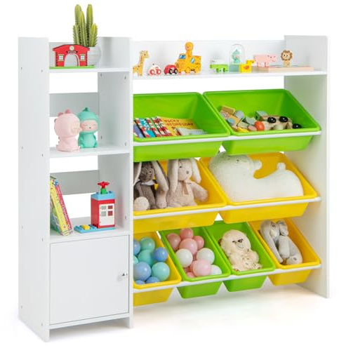 COSTWAY Kids Toy Storage Unit, Children's Toys Box Organiser with 8 Bins, Cabinet and Open Shelves, Large Toddler Bookshelf Rack for Playroom, Nursery, Kindergarten (Multicolor)