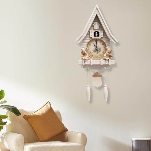 Reloj de cuco Reloj de pared Decoración Vintage Reloj de Cuco Relojes de Cuco Tallado Escena de Casa de Madera con Llamada de Cuco Volumen Ajustable para Hogar Salón Oficina Sin Baterías
