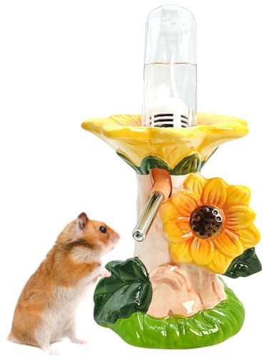 BNOSDM Hamster Water Bottle No Drip Ceramic Hamster Water Bottle for Glass Tank - 80ML Water Dispenser with Yellow Sunflower Stand Holder for Syrian Hamsters Dwarf Hamsters Mice Gerbils
