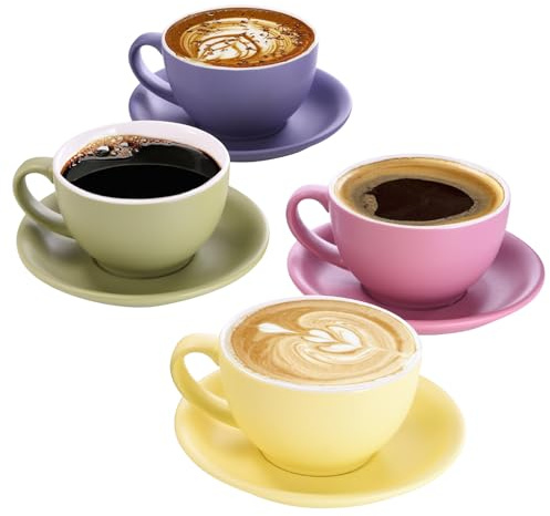 Yundu Matte Color Cappuccino Cups Set of 4-10oz Ceramic Latte Mugs with Saucers, Elegant Espresso Cups for Coffee & Tea