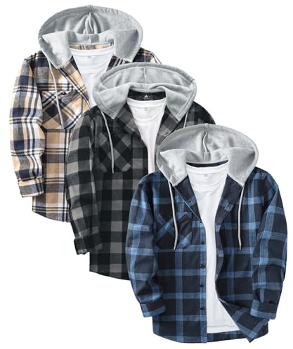 JACKETOWN Camicia da Boscaiolo da Uomo Flanella con Cappuccio a Maniche Lunghe Quadri da Uomo Camicia Casual Vintage a Quadri con Bottoni Giacca con Tasca Confezione da 3 M-3XL